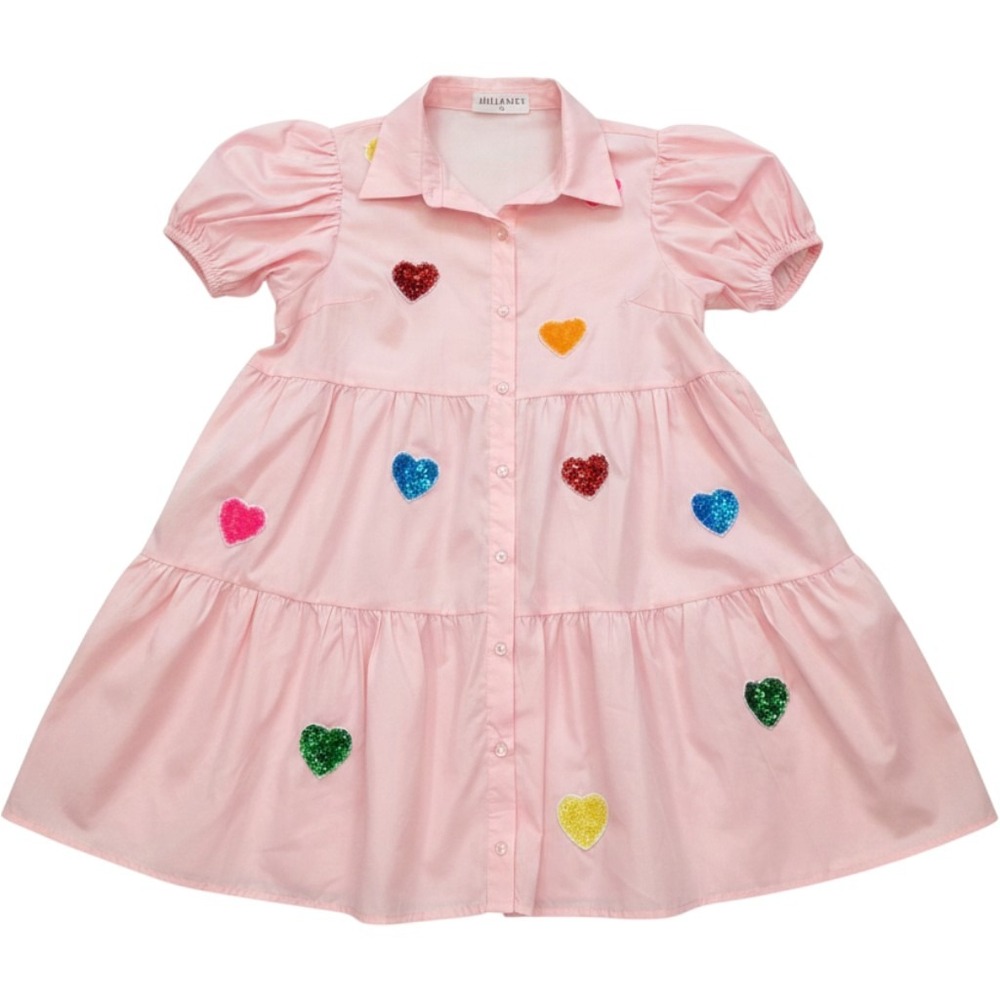 Juliana's Pink Sequin Heart Tiered Babydoll Mini Dress Puff Sleeve Large